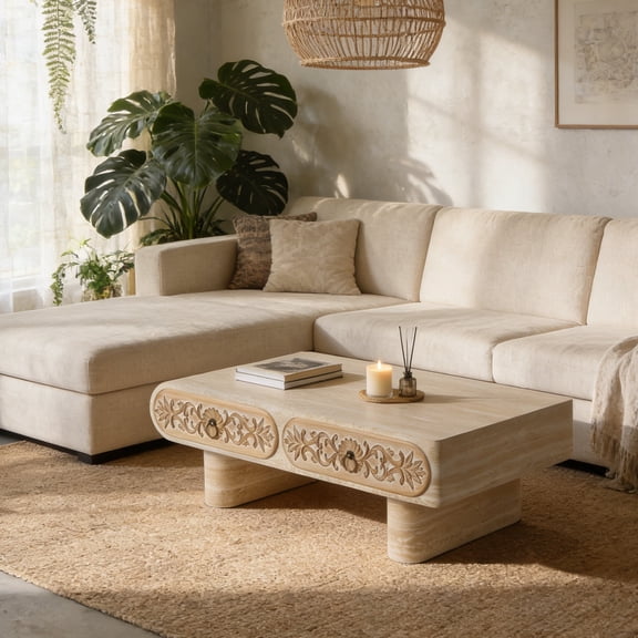 FFZ Rounded Edge Coffee Table with Flower Pattern Drawer, MDF, 39.4 x 23.6 x 13.8 inch, Beige+yellow