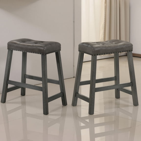 FFZ Set of 2 Rustic Counter Stools with Faux Leather Seat, Distressed Finish, Space-Saving, Antique Grey