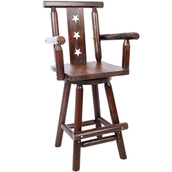 FFZ Rustic Fir Wood Bar Stool with Decorative Star Backrest, Footrest, Wide Armrests, 24 x 21.6 x 49.6, Brown