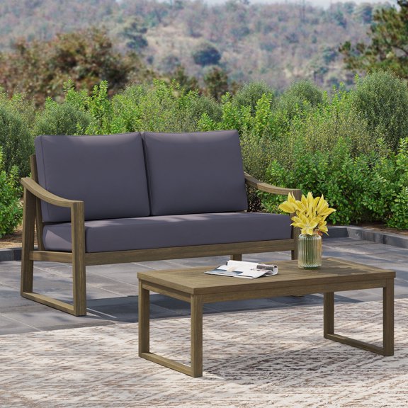 FFZ Samwell Coffee Table and Loveseat Set with Acacia Wood Frame, DARK GREY