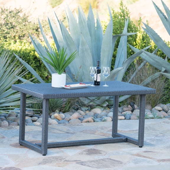 FFZ SANTA ROSA Dining Table with Rattan Weave and Iron Frame, 59 x 33.75 x 28 inch, Grey