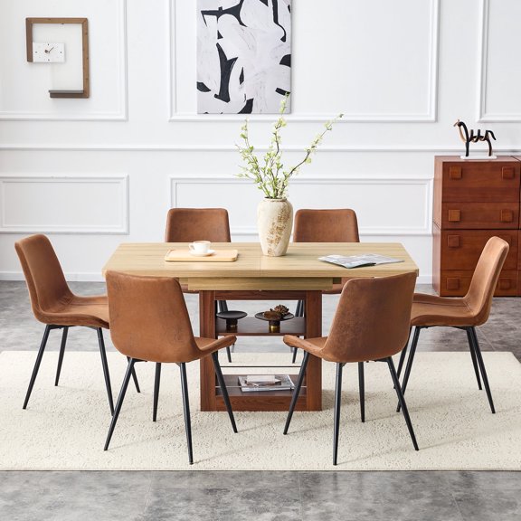 FFZ 6-Piece Dining Table and Chair Set with 59-71 inch Pull-Out Table, Comfortable Tech-Fabric, Brown+Black