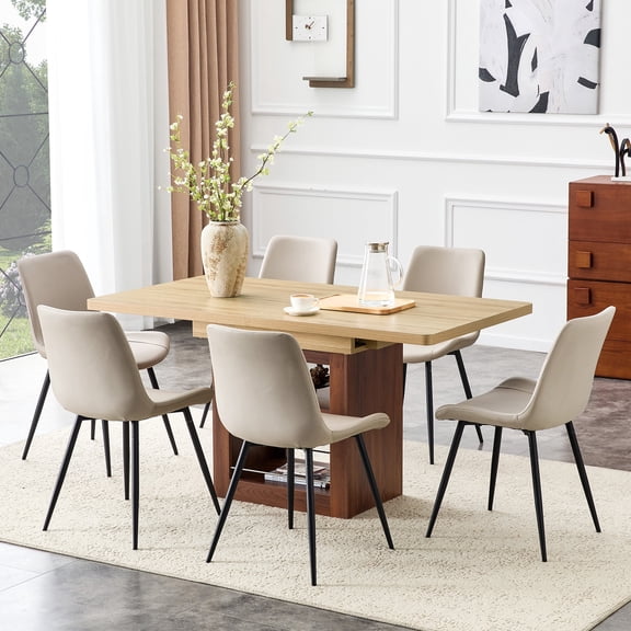 FFZ 6-Piece Dining Table and Chair Set with Pull-Out Table, Warm Grey PU Chairs, 59-71 inch Table, Black
