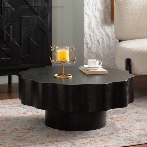 FFZ Scalloped Black Coffee Table with Wave-Edge Shape, 31.5 x 31.5 x 13.98 inch, Black
