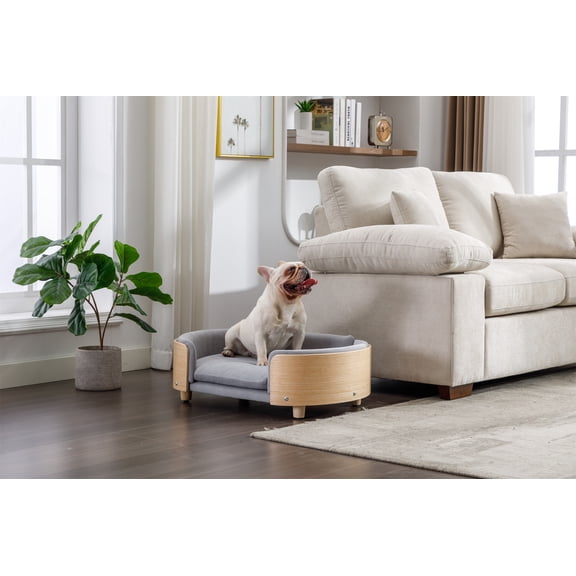 FFZ Scandinavian Elevated Dog Bed Pet Sofa Solid Wood Legs Bent Back Velvet Cushion Mid Light Grey