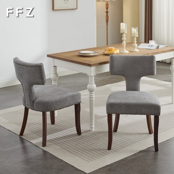 FFZ Set of 2 Mid Century Dining Chairs - Gray Linen Upholstered, Ergonomic Curved Backrest with Copper Nails, Solid Rubberwood Frame, Walnut-Toned Hardwood Legs, Adjustable Balance Pegs,