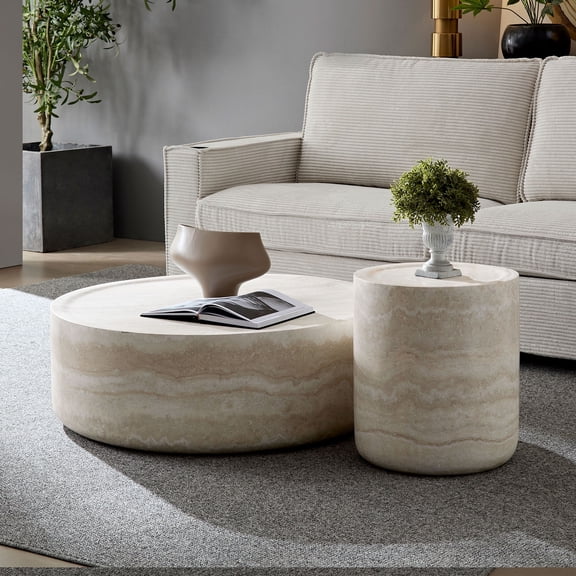 FFZ Set of 2 Faux Travertine Round Coffee Tables with Fiberglass, 35.43 x 35.43 x 12 inch, marble