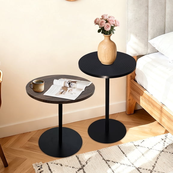 FFZ Set of 2 Round Nesting Side Tables with Concentric Circles & Metal Pedestal, Walnut+black