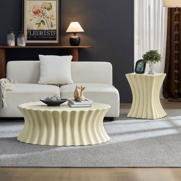 FFZ 35.04 inch Fiberglass Coffee Table with Vintage Style and Distressed Texture, Beige
