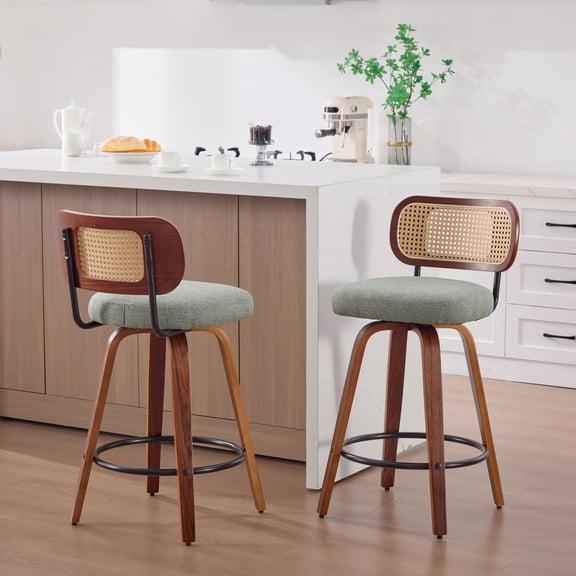 FFZ Set of 2 26-Inch Counter Height Bar Stools with Cane Back and Swivel Design, Light Green