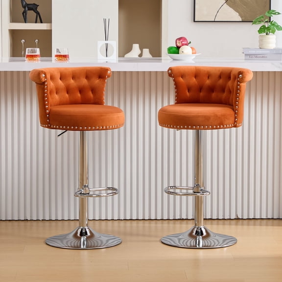 FFZ Set of 2 Adjustable Swivel Bar Stools with Silver Plated Metal Legs and Tufted Back, Orange