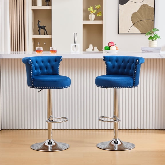 FFZ Set of 2 Adjustable Swivel Bar Stools with Silver Plated Metal Legs and Tufted Back, Navy