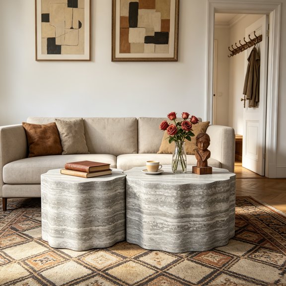 FFZ Set of 2 Round Coffee Tables for Living Room Faux Mars Pattern Modern Minimalist Side Table, Beige