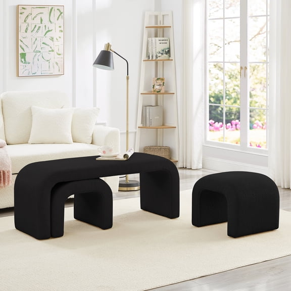 FFZ Set of 3 U-Shaped Teddy Ottoman Benches with Storage for Entryway and Living Room, Black