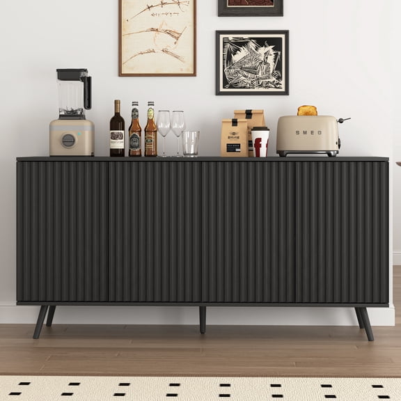 FFZ Sideboard Buffet Cabinet Storage Long 4 Doors Wood Credenza Console Coffee Bar Black