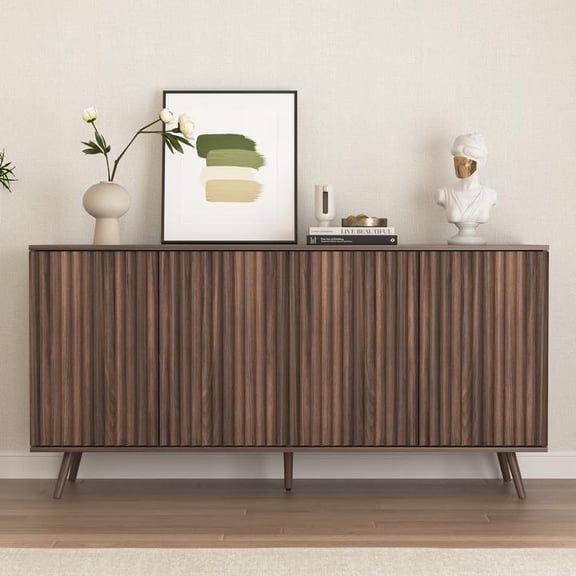 FFZ Sideboard Buffet Cabinet with Storage 4 Doors Wood Credenza Console Coffee Bar Adjustable Shelves, Walnut