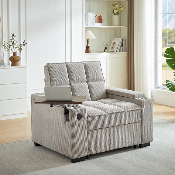 FFZ Single Sofa Bed with 6-Position Backrest, USB Ports, Cup Holder and Swivel Side Table, khaki
