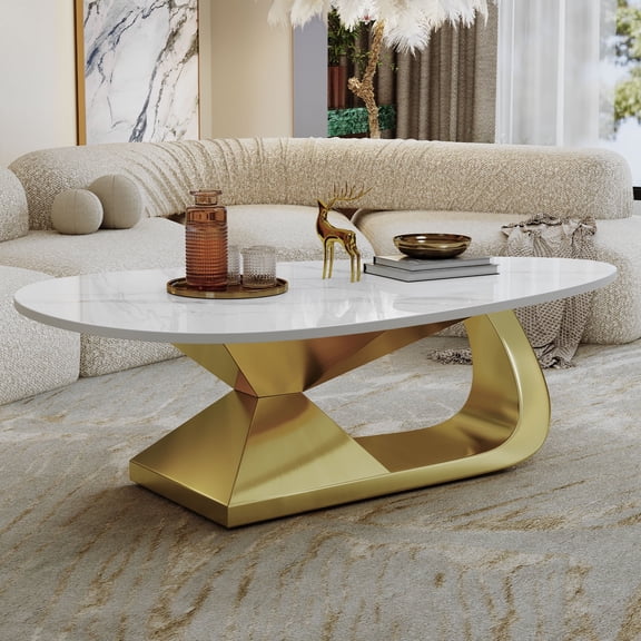 FFZ Modern Sintered Stone Coffee Table with Stainless Steel Base, 51.2 x 27.6 x 15 inch, Gold+White