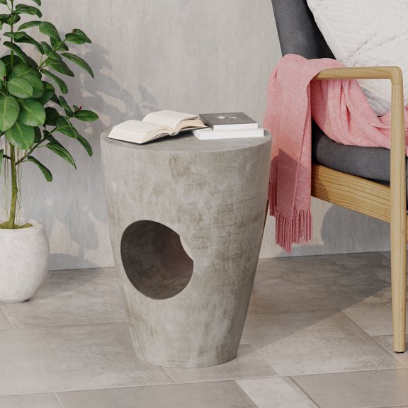 FFZ SIRIUS Side Table with Drum Silhouette and Magnesium Oxide Construction, 14.5 x 14.5 x 18.5 inch, Grey