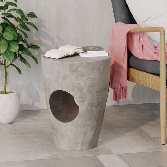 FFZ Round Drum Side Table with Lightweight Concrete Construction, 14.5 x 14.5 x 18.5 inch, Grey