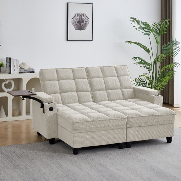 FFZ Sleeper Sofa Bed with 6-Position Backrest, USB Ports, Cup Holder and Swivel Side Table, Beige
