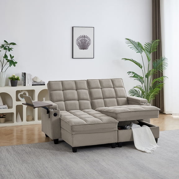 FFZ Sleeper Sofa Bed with 6-Position Backrest, USB Ports, Cup Holder and Swivel Side Table, khaki