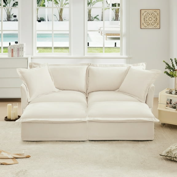 FFZ Slipcovered 2 Seater 2 Ottomans Sleeper Bed Home Theater Oversized Chenille Cream For Living Room