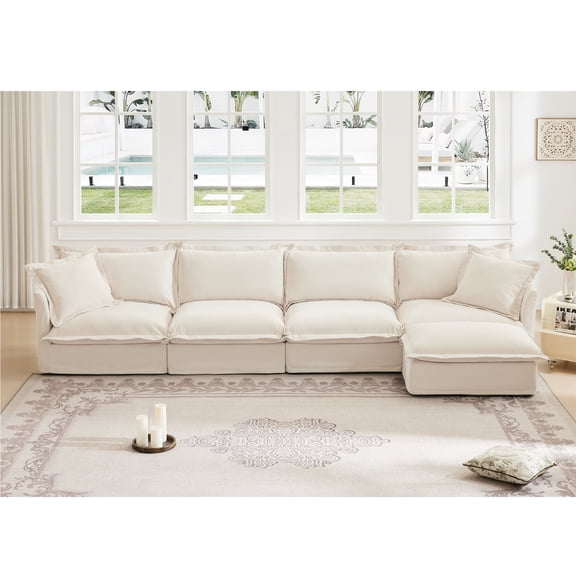 FFZ L-Shaped Sectional Sofa with Chenille Fabric and Deep Seat, Cream