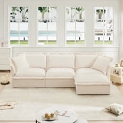 FFZ L-Shaped Chenille Sectional Sofa with Convertible Ottoman and 2 Pillows, Cream
