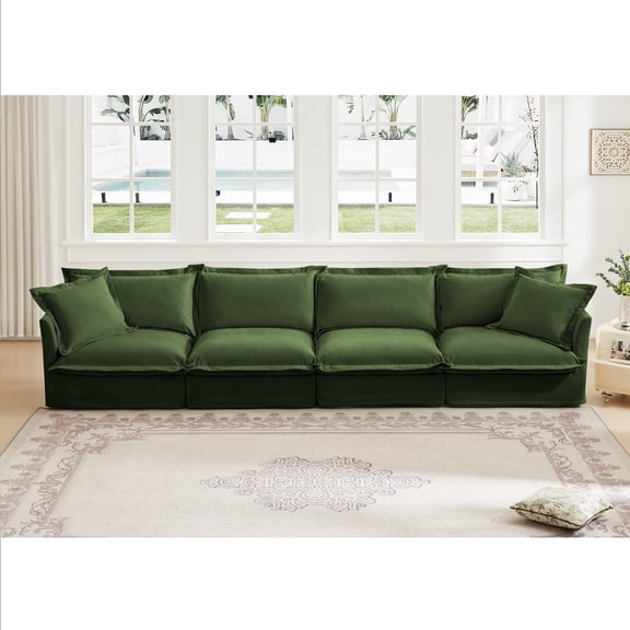FFZ Slipcovered Long 4 Seater Sofa Removable Cover Deep Couch Chenille Green For Living Room Bedroom