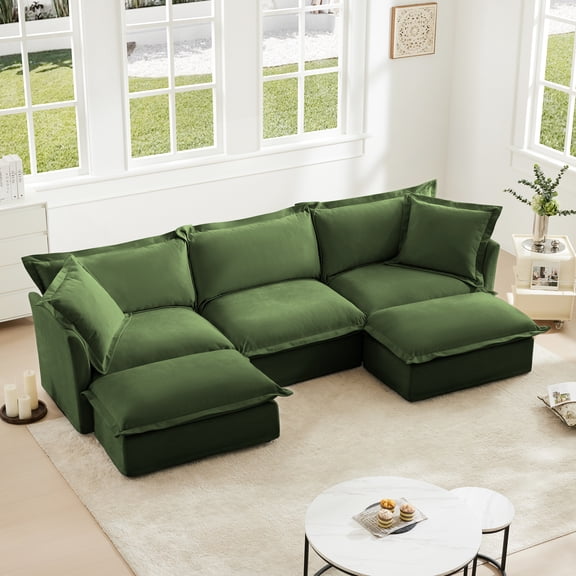 FFZ Slipcovered U-Shaped Sectional Sofa, Deep Seat Cloud Couch for Living Room,Green