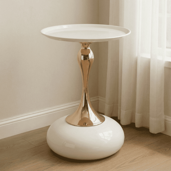 FFZ Small Round Side Table with Gold Finish, 14.96 x 14.96 x 21.26 inch, Milk White