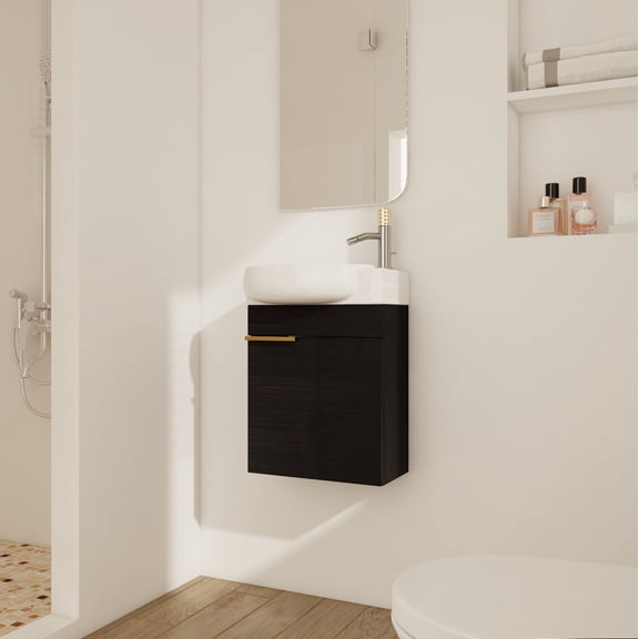 FFZ 16 Inch Floating Bathroom Vanity with Ceramic Sink, Soft-Close Doors, Black Chestnut