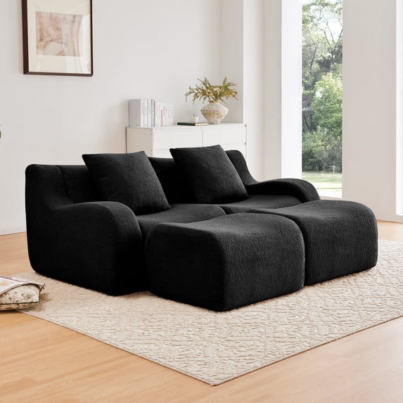 FFZ Soft Teddy Fabric Boneless Sofa with Curved Armrests and High-Density Sponge, Black