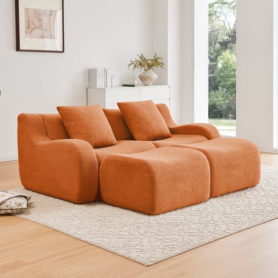 FFZ Soft Teddy Fabric Boneless Sofa with Curved Armrests and High Density Sponge, Orange