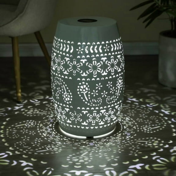 FFZ Solar Side Table with Built-in Solar Battery, Stunning Flower Pattern at Night, Eco-Friendly and Energy Efficient Outdoor Furniture Ideal, for Patios Gardens and Backyards, White