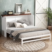 FFZ Queen Murphy Bed Cabinet with Storage Drawer, Charging Station & Solid Pine Frame, White+walnut