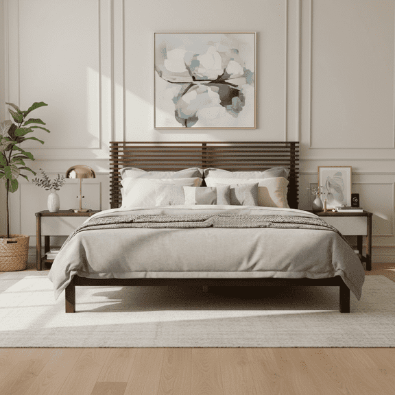FFZ Queen Platform Bed Frame with Horizontal Slat Headboard, 600 lb Capacity, No Box Spring Needed, Walnut