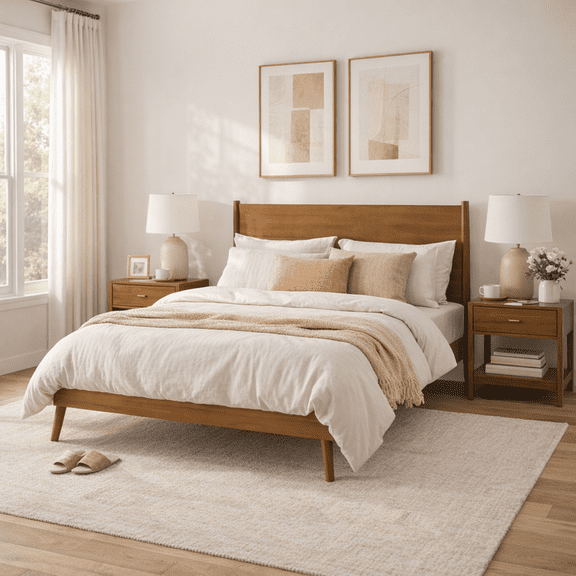 FFZ Cohron Queen Solid Acacia Wood Platform Bed with Splayed Legs, 84 x 64 x 46.5 inch, Natural