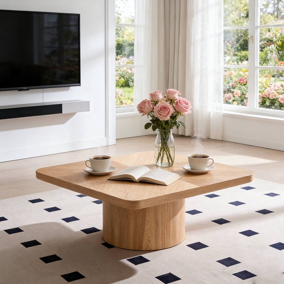 FFZ Square Coffee Table with Parquet Top and Ash Veneer, 35.43 x 35.43 x 15.35 inch, Natural
