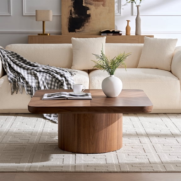 FFZ Square Coffee Table with Herringbone Top and Walnut Finish, 35.43 x 35.43 x 15.35 inch, Walnut
