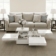 FFZ Square Marble Veneer Coffee Table with Sliding Top and Storage, 39.4 inch, White