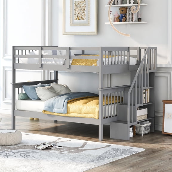 FFZ Stairway Full-Over-Full Bunk Bed with Storage and Guardrail, 94.25 x 58.08 x 63.1 inch, Gray