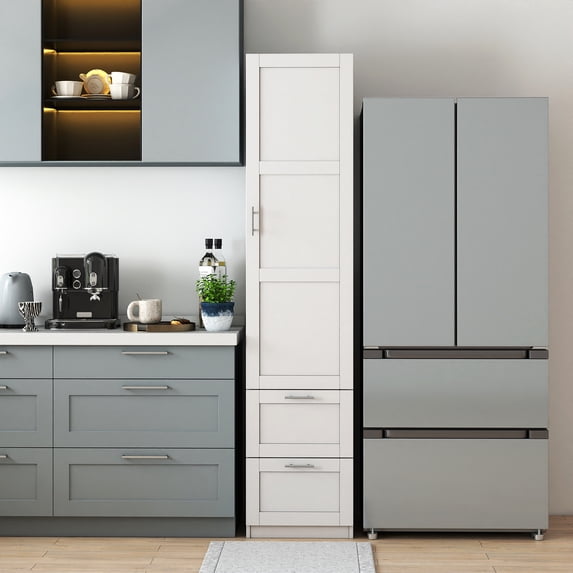 FFZ Standard Kitchen Pantry Tall Freestanding Cabinet With One Door And Two Drawers White
