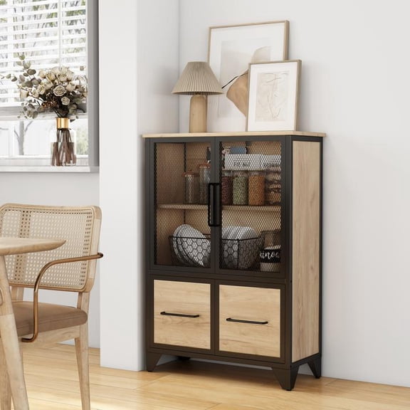 FFZ Storage Cabinet with 4 Iron Doors, Adjustable Shelf, Black Metal Frame, Black+natural