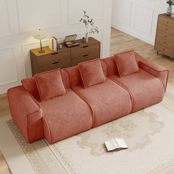 FFZ Streamlined Design 3 Seat Boneless Sofa with French Edge Piping and Throw Pillows, Red