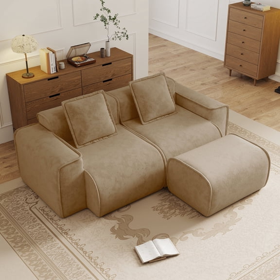 FFZ 2 Seat L-Shape Sectional Sofa with French Edge Piping, Movable Ottoman and Velvet Fabric, Brown