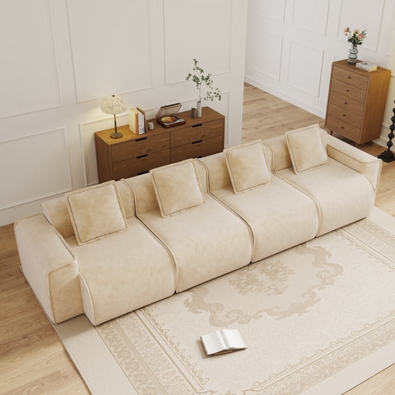 FFZ Streamlined Design Deep Seat Modular 4-Seat Boneless Sofa with French Edge Piping, Light Camel