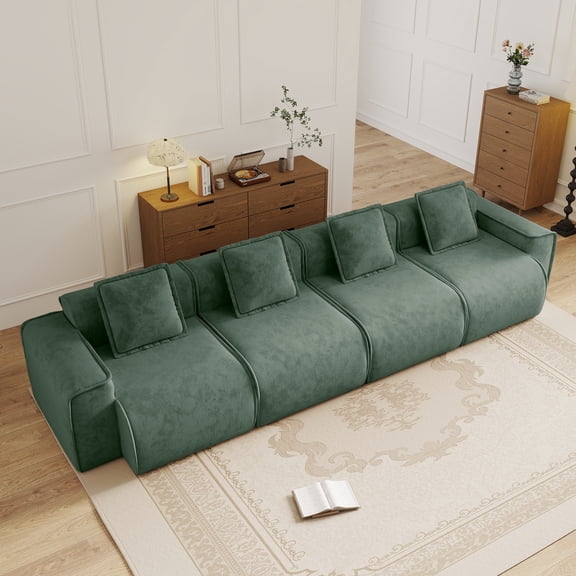 FFZ Streamlined Design Deep Seat Modular 4-Seat Boneless Sofa with French Edge Piping, Velvet Fabric, Green