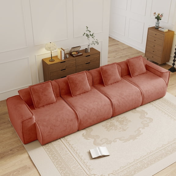 FFZ Streamlined Design Modular 4 Seat Boneless Sofa with French Edge Piping, Velvet Fabric, Red